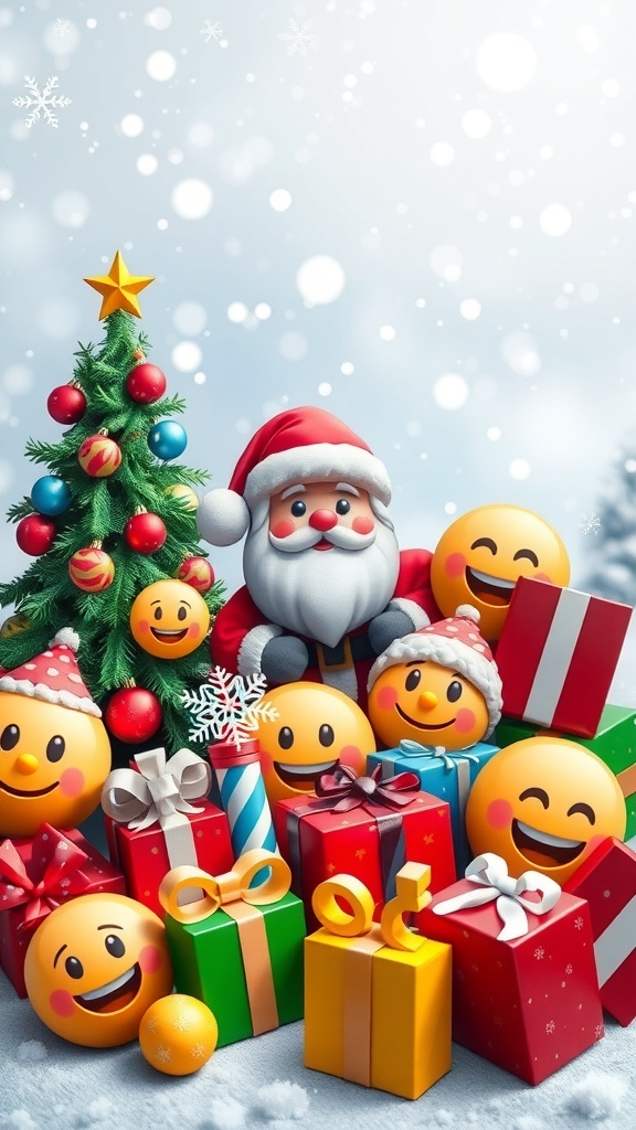 Aesthetic Christmas Emojis for iOS 18 A collection of colorful Christmas emojis including a tree, Santa, and gifts on a winter-themed background.
